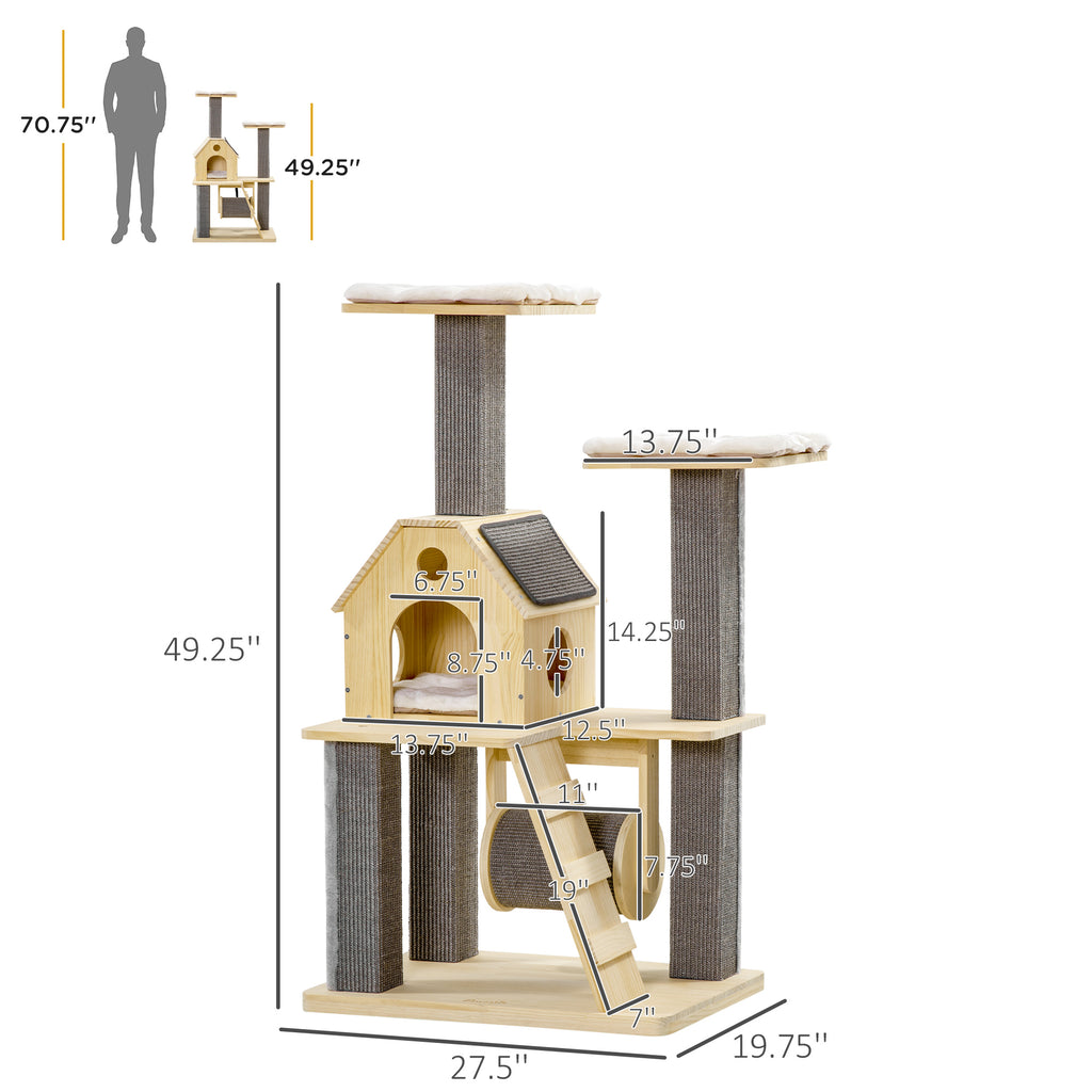 49" Cat Tree, Kitty Activity Center, Wooden Cat Climbing Toy with Condo, Roller, Ladder, Cushions, and Sisal Scratching Post Pad, Natural