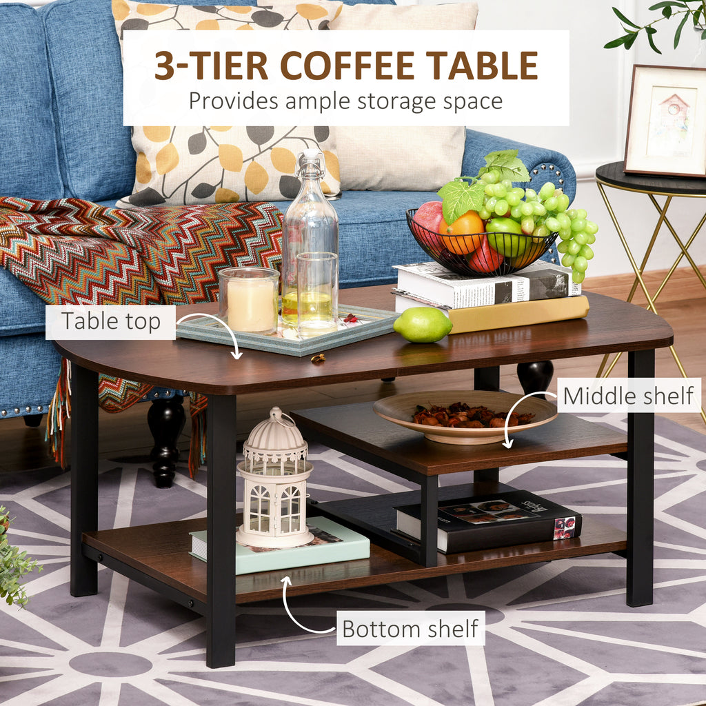 Vintage Industrial Coffee Table with Under-Top Storage Shelves and Rounded Corners, Dark Wood Color