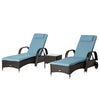 3 Pieces Patio Wicker Chaise Lounge Chair Set Adjustable PE Rattan Cushioned Lounge set with Armrests, Side Table & Moving Wheels, Brown/Blue