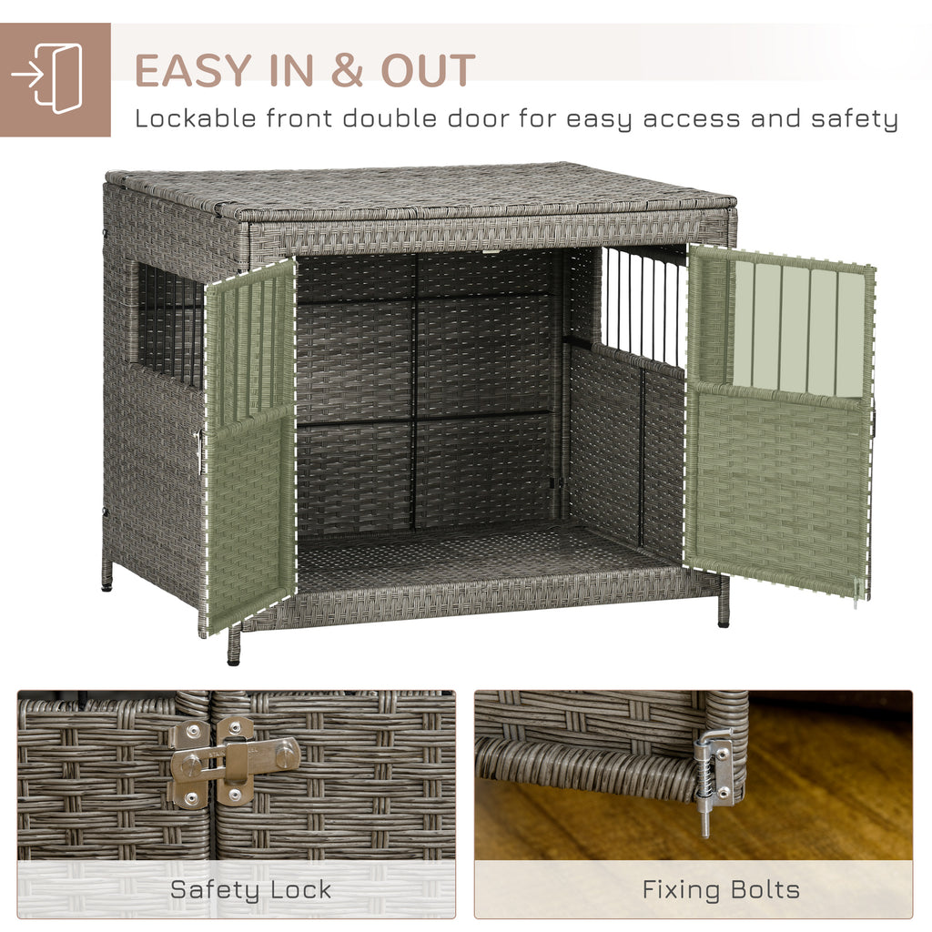 Rattan Dog Crate with Double Doors, Wicker Dog Cage with Soft Washable Cushion, Dog Kennel Furniture for Medium to Large Sized Dogs, Grey
