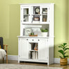 Freestanding Rustic Buffet with Hutch, 4 Door Farmhouse Kitchen Pantry Cabinet, Microwave Stand with Beadboard Panel, Drawer and Adjustable Shelves, White
