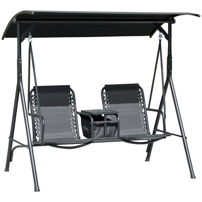 2 Person Porch Swing with Canopy, Covered Patio Swing with Pivot Storage Table, Cup Holder, & Adjustable Overhead Canopy, Black