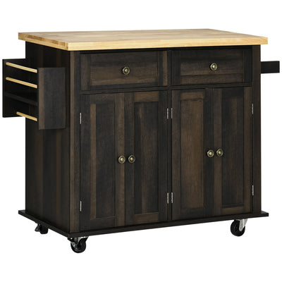 Kitchen Island on Wheels, Rolling Cart with Rubberwood Top, Spice Rack, Towel Rack and Drawers for Dining Room, Brown Oak