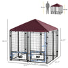 Indoor/Outdoor Metal Dog Kennel, Dog House with Lock, Weather Resistant Canopy and 2 Bowl Holders and Bowls, 4.6' x 4.6' x 5', Black / Red