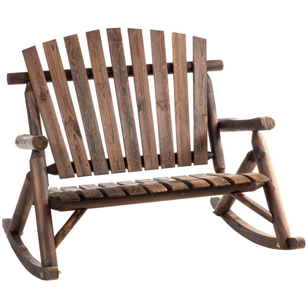 Outdoor Adirondack Rocking Chair with Log Slatted Design, 2-Seat Wooden Rocker Loveseat with High Back for Lawn, Backyard, Charcoal Black