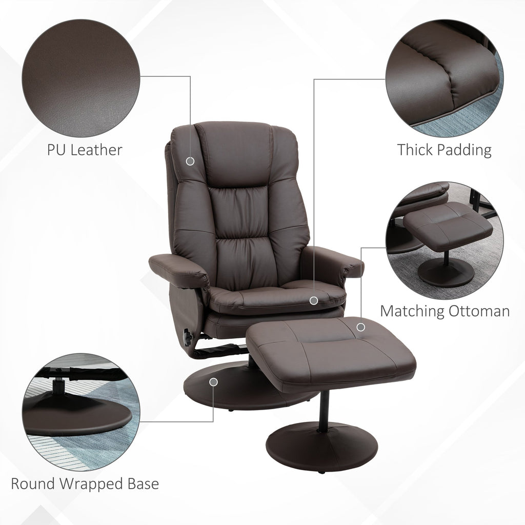 Leather Reclining Chair with Round Wrapped Base, Swivel Recliner Chair with Ottoman for Living Room and Office, Manual Recliner Chair, Brown