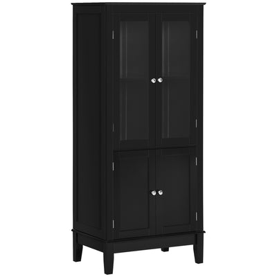 Bathroom Floor Cabinet with 2 Storage Cabinets, Tempered Glass Door, Freestanding Linen Tower with Adjustable Shelves for Living Room, Black