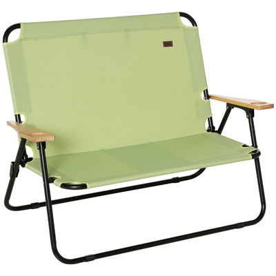 Portable Folding Double Camping Chair Cup Holder, Loveseat for 2 Person, Outdoor Chair with Wood Armrest Beach Travel, Green