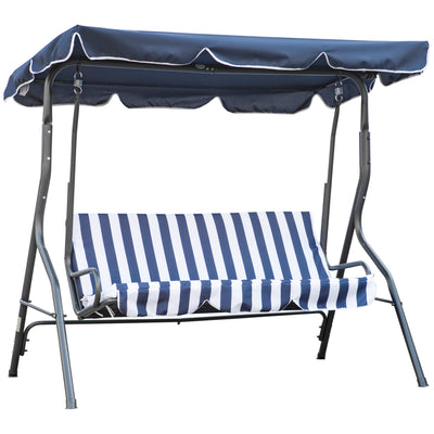 3-Person Patio Porch Swing with Adjustable Canopy for Adults, Steel Frame, Seat & Backrest Cushion, Armrests, Dark Blue & White Striped
