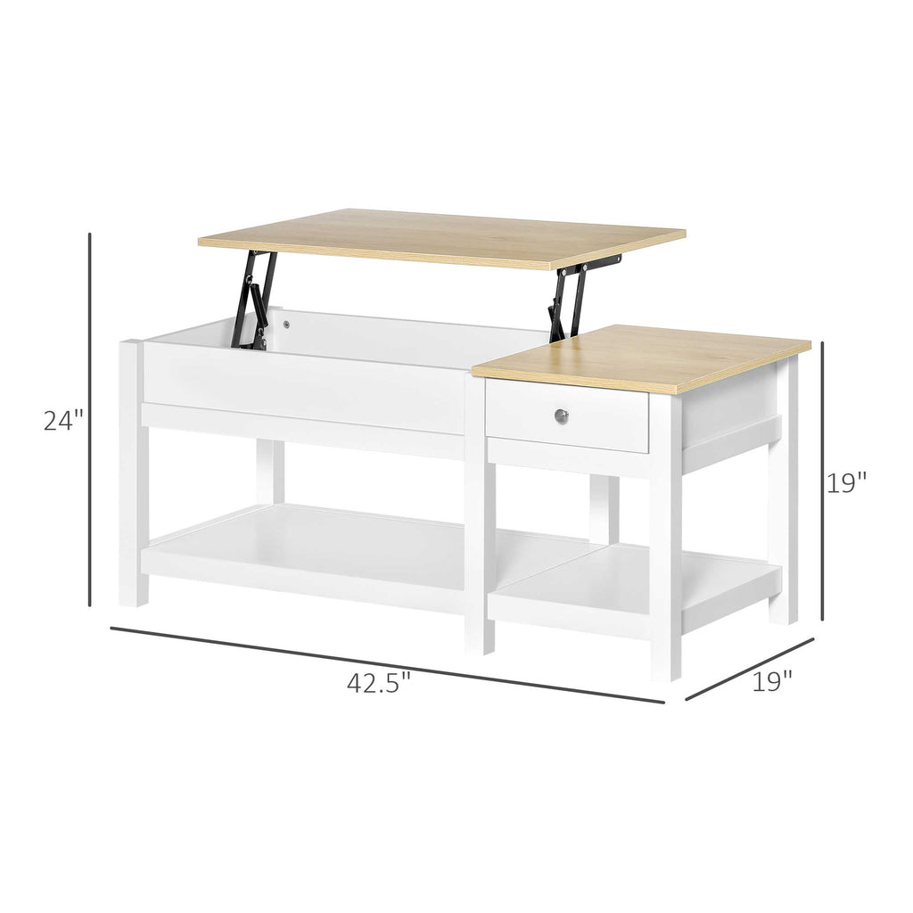 43" Lift Top Coffee Table with Hidden Storage Compartment and Open Shelf, Tea Table for Living Room, White and Oak