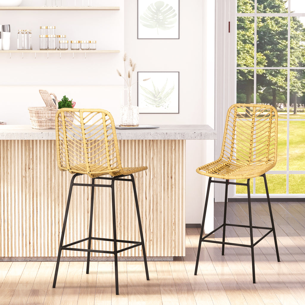 Set of 2 Rattan Barstools Wicker Counter Stools with Steel Legs and Footrest for Dining Room Kitchen Pub Yellow