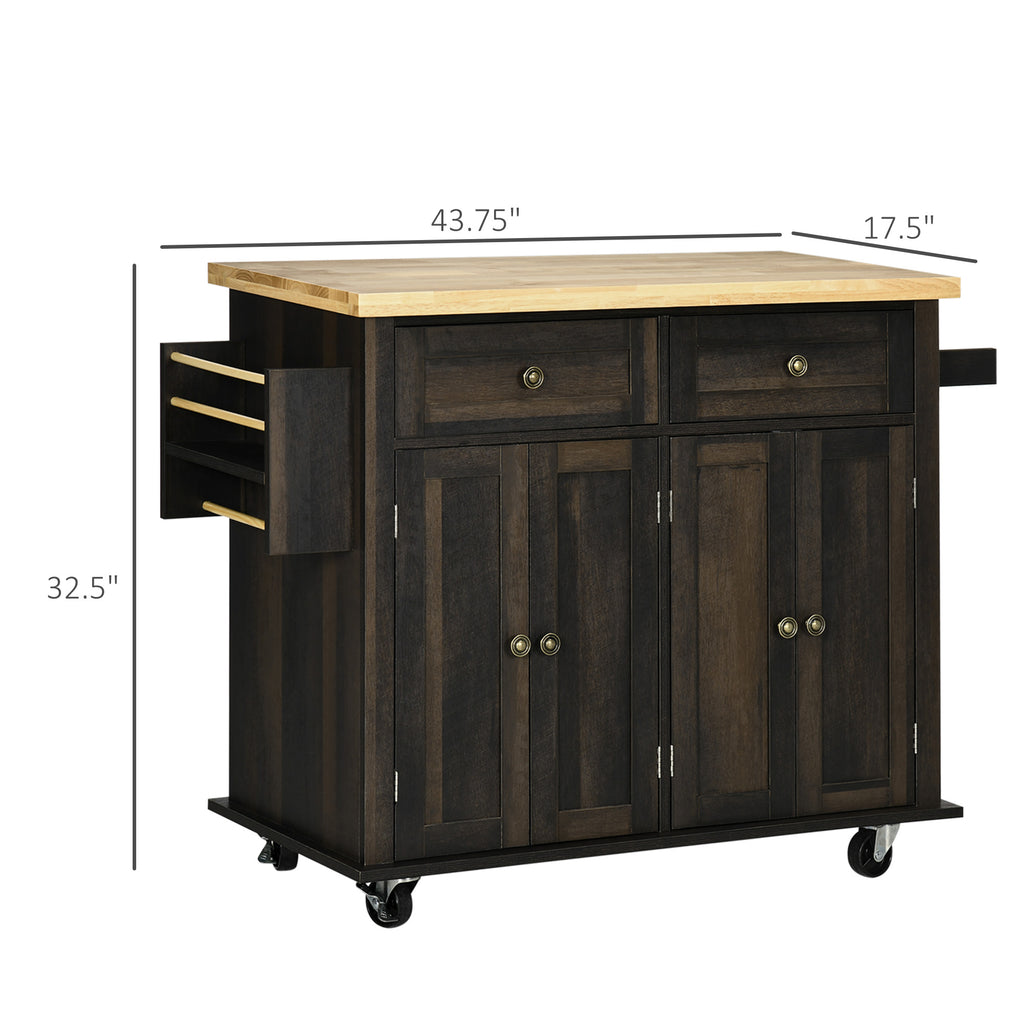 Kitchen Island on Wheels, Rolling Cart with Rubberwood Top, Spice Rack, Towel Rack and Drawers for Dining Room, Brown Oak