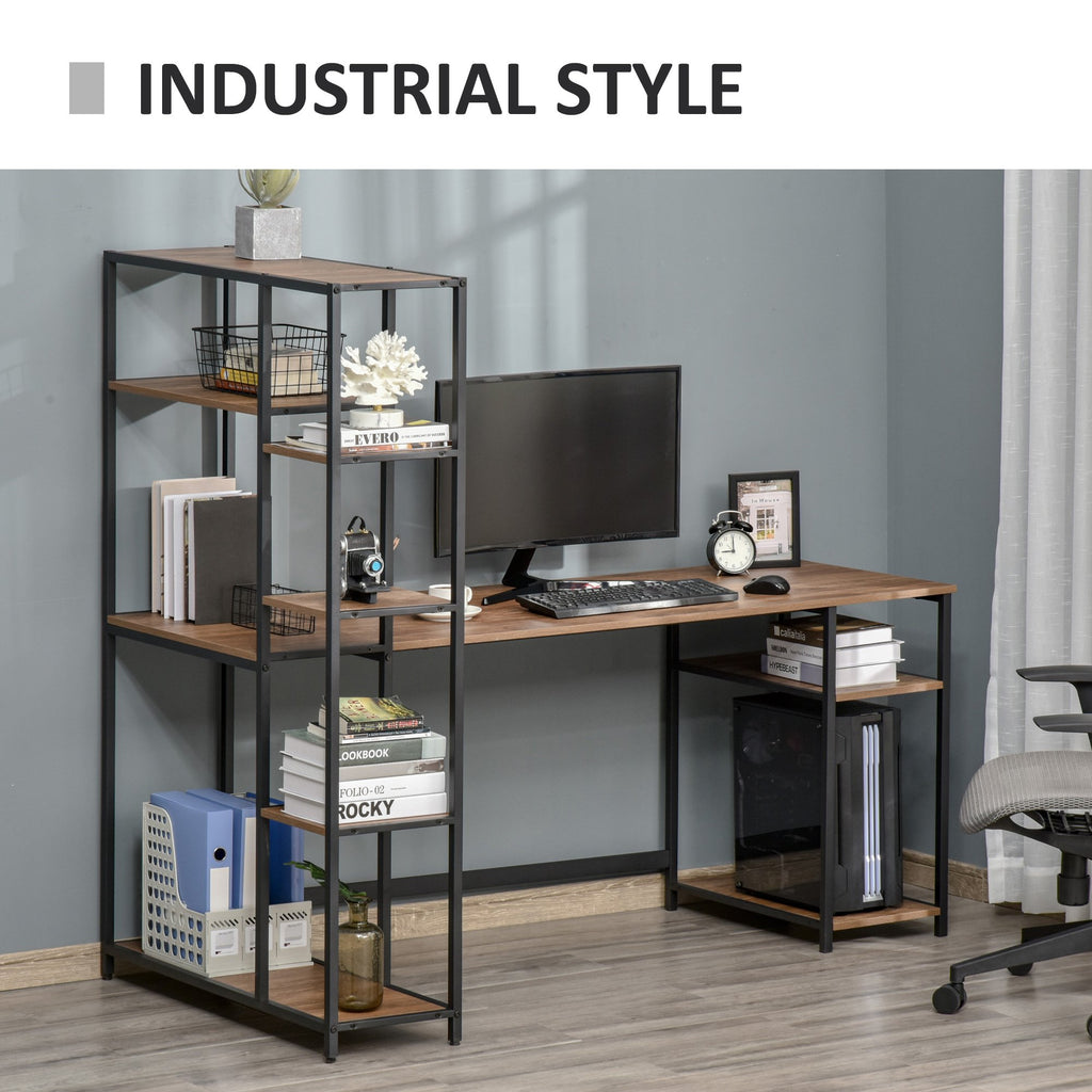 67 Inch Home Office Computer Desk with Display Bookshelf, Industrial Writing Table with CPU Stand and Steel Frame, Black/Walnut