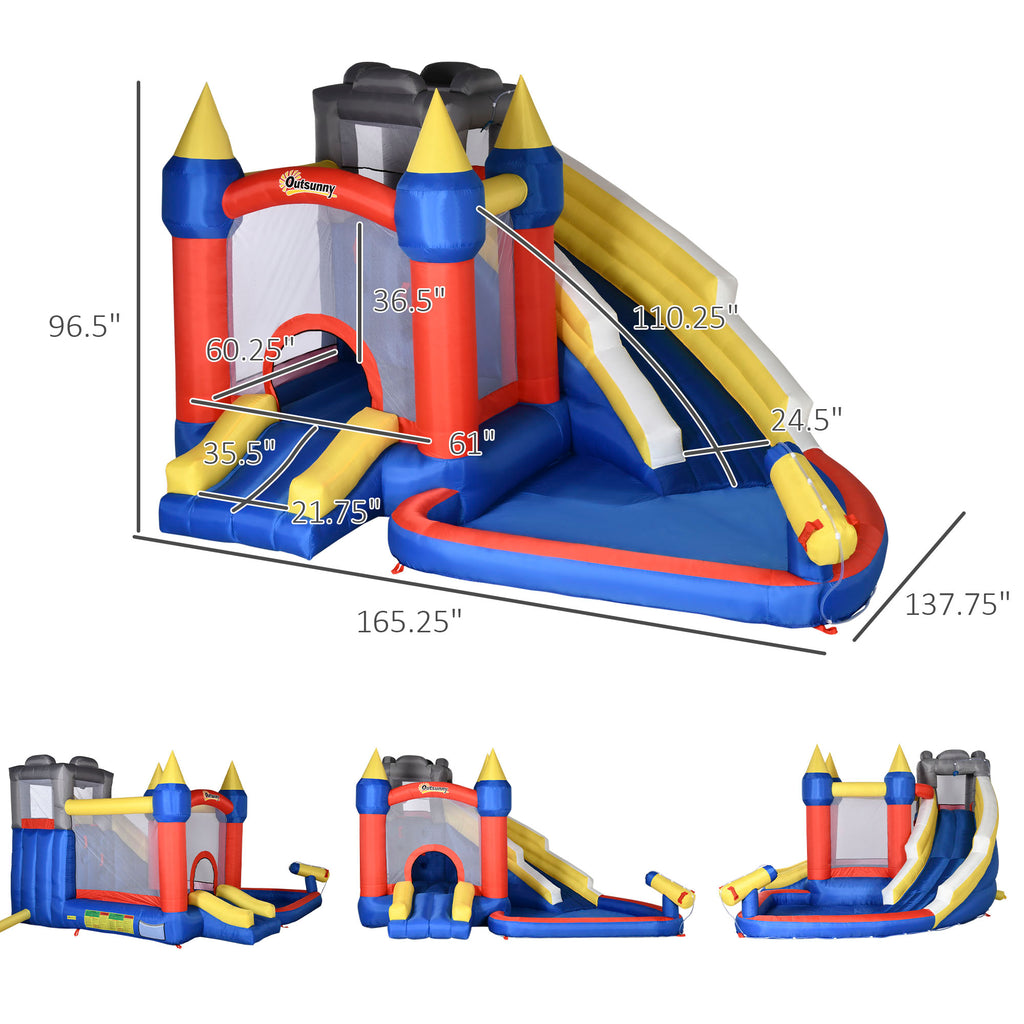 6-in-1 Inflatable Water Slide, Kids Castle Bounce House Includes Slide, Trampoline. Basket, Pool, Water Gun, Climbing Wall with Carry Bag, Repair Patches, Basketball, 680W Air Blower