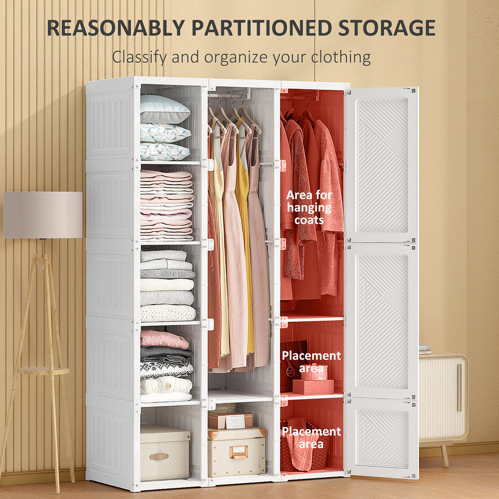 Portable Wardrobe Closet, Armoire Wardrobe, Foldable Clothes Organizer with Cube Storage, Hanging Rods, and Magnet Doors, White