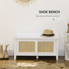Entry Way Bench Shoe Storage Bench with Shoe Cabinets 2 Rattan Sliding Doors and Pine Wood Legs for Hallway White