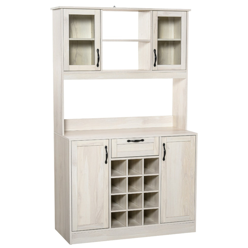 Kitchen Buffet Hutch Cupboard with Utility Drawer, 4 Door Cabinets,  and Optional 12-Bottle Wine Storage, White