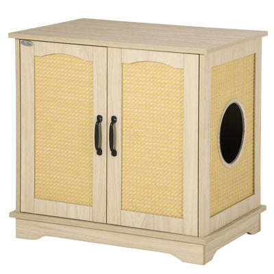 Hidden Litter Box Enclosure Cat Washroom Furniture with Cushion Double Doors Wooden Pet House End Table, Oak