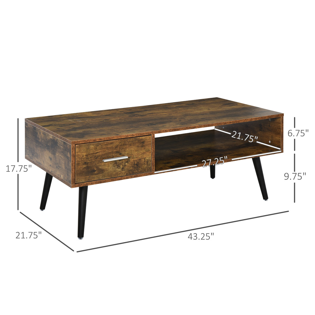 Mid Century Modern Coffee Table Modern Coffee Table Natural Wood Desk Side Table with 1 Drawer, 2 Open Storage Shelves and Tabletop, Wood
