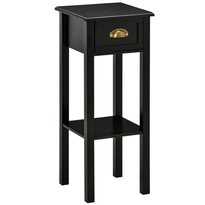 2-Tier Side Table with Drawer, Narrow End Table for Space Saving, Slim Nightstand with Shelf Metal Knob for Living Room Hallway, Black