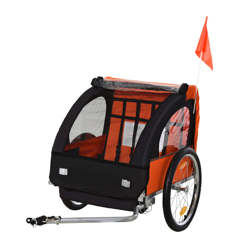 2-Seat Kids Child Bicycle Trailer with a Strong Steel Frame, 5-Point Safety Harnesses, & Comfortable Seat - Orange