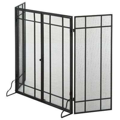 3-Panel Metal Fireplace Screen Home Foldable Steel Spark Guard with Magnetic Doors  Black