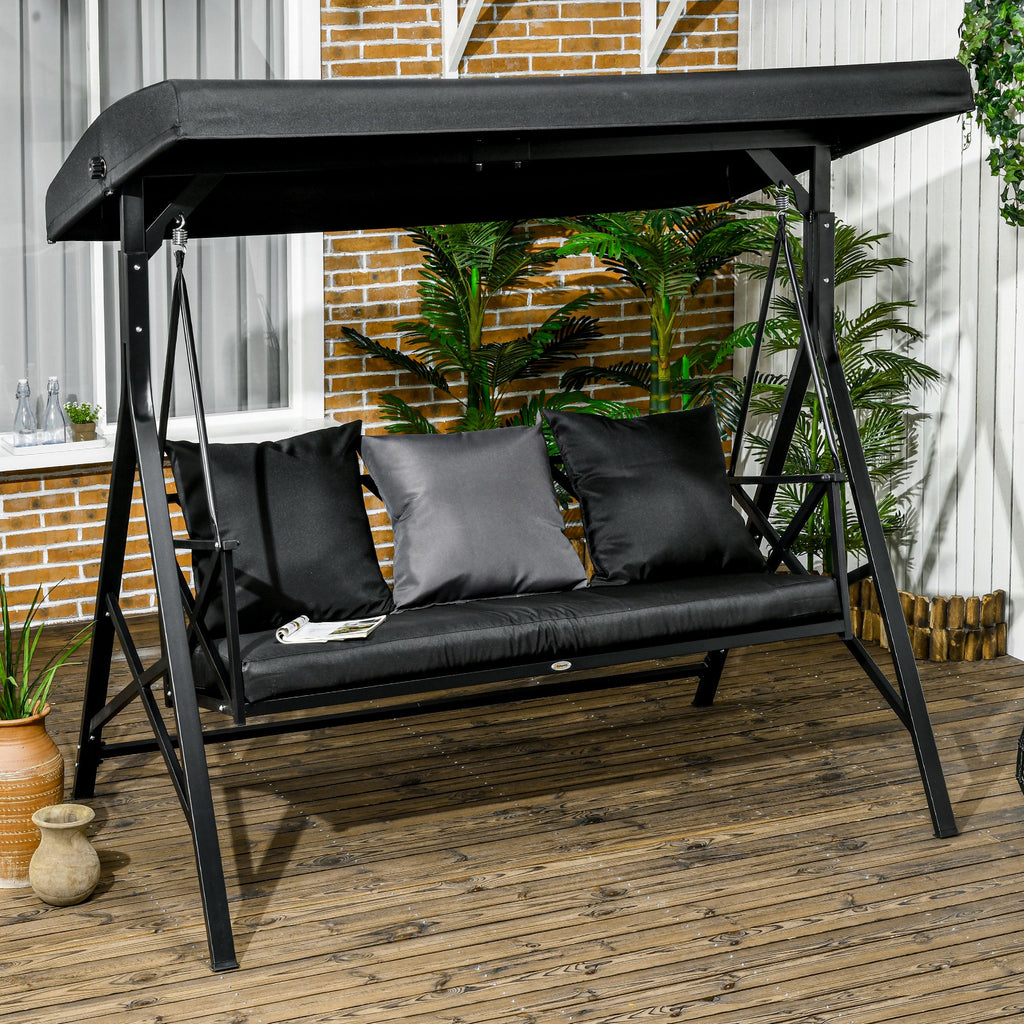 3-Seat Patio Swing Chair, Outdoor Canopy Swing Glider with Cushion with 3 Throw Pillows & Adjustable Shade for Porch, Garden, Poolside, Backyard, Black