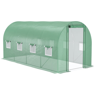15' x 7' x 7' Walk-in Tunnel Hoop Greenhouse, Polyethylene PE Cover, Steel Frame, Roll-Up Zipper Door & Windows for Flowers, Vegetables, Tropical Plants, Green