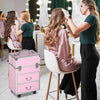 Rolling Makeup Train Case, Large Storage Cosmetic Trolley, Lockable Traveling Cart Trunk with Folding Trays, Swivel Wheels and Keys, Pink