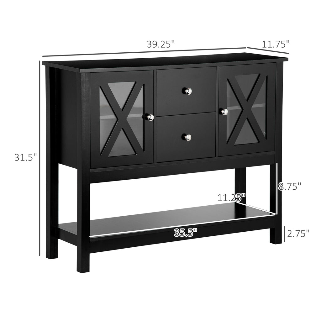 Modern Sideboard Buffet with Glass Door, Buffet Cabinet with Adjustable Shelves, 2 Drawers and Open Shelf for Dining Room, Buffet Table, Black