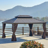 Patio Gazebo 16' x 12' Netting & Curtains, 2 Tier Double Vented Steel Roof, Hardtop, Ceiling Hooks Aluminum Frame for Outdoor, Brown