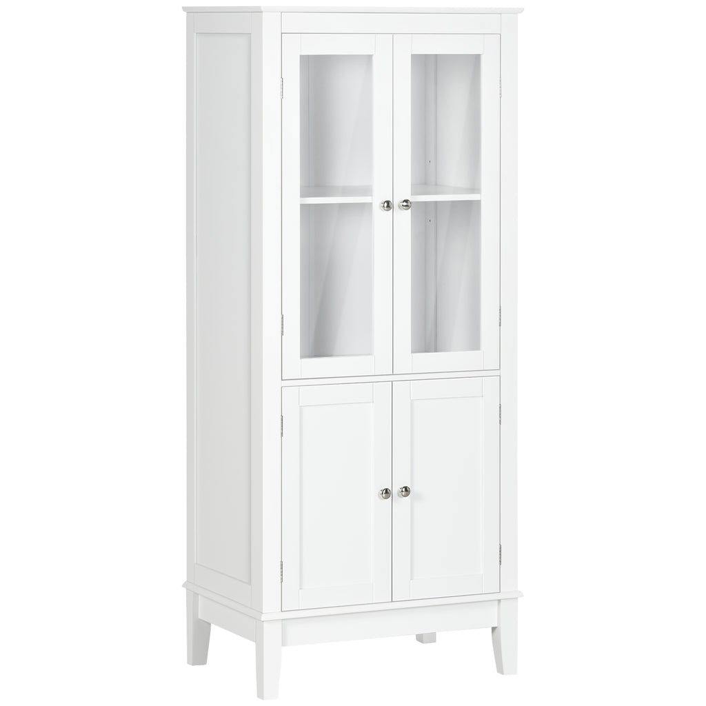 Bathroom Floor Cabinet with 2 Storage Cabinets, Tempered Glass Door, Freestanding Linen Tower with Adjustable Shelves for Living Room, White