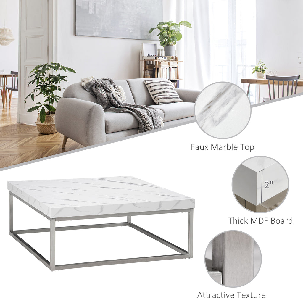 Square Coffee Table with Faux Marble Tabletop, Modern Sofa Side Table with Stainless Steel Frame for Living Room, White