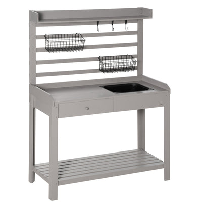 Potting Bench Table, Garden Work Bench, Workstation with Metal Sieve Screen, Removable Sink, Additional Hooks and Baskets for Patio, Grey