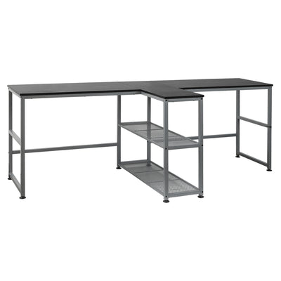 Two Person Computer Desk Workstation with Middle Armrest Shelf and 2 Storage Shelves, 83