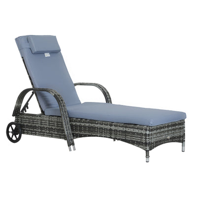 Patio Wicker Chaise Lounge, PE Rattan Outdoor Lounge Chair with Cushion, Height Adjustable Backrest & Wheels, Grey