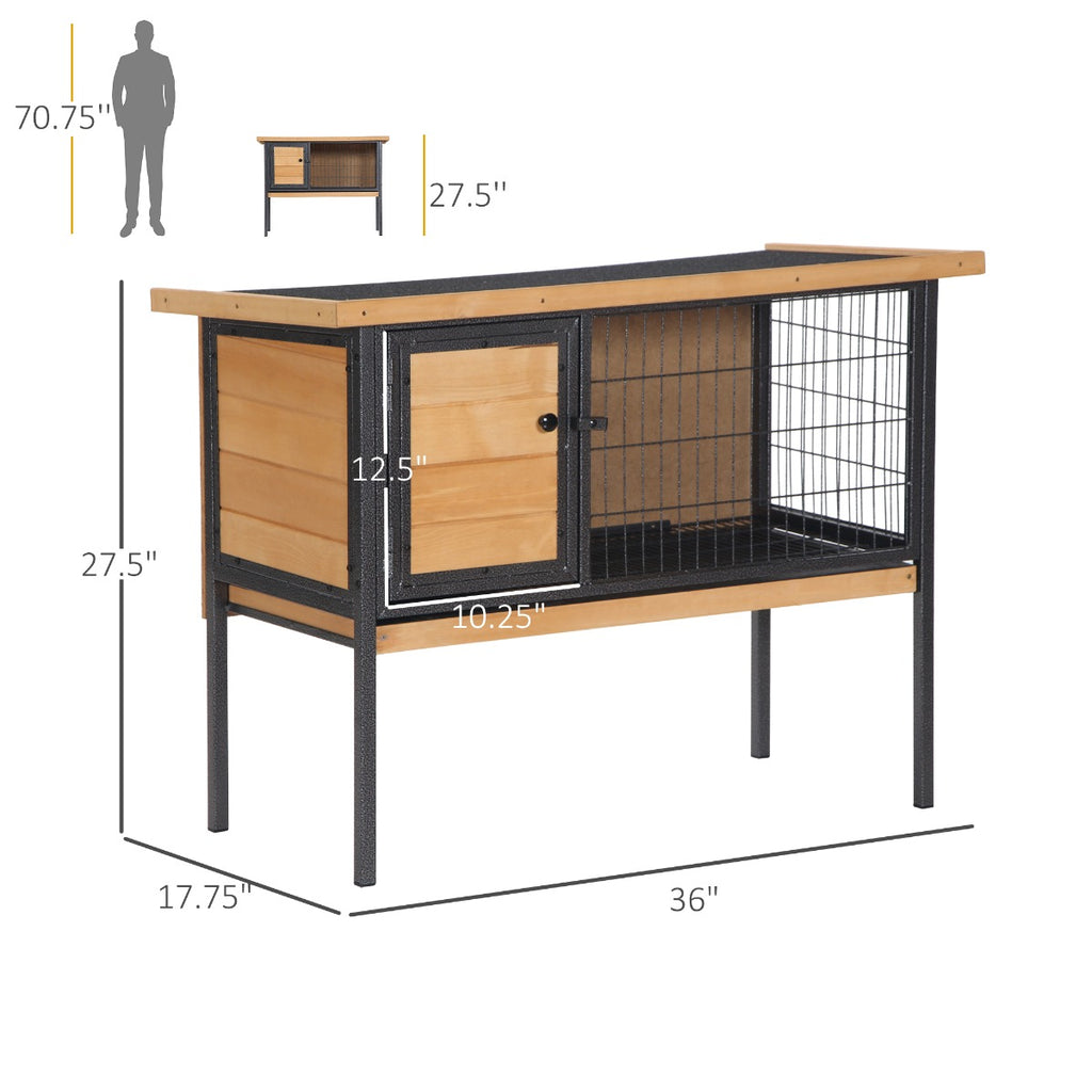 Wooden Rabbit Hutch Elevated Pet House w/ Roof Doors Removeable Tray, 36" L x 17.75" W x 27.5" H
