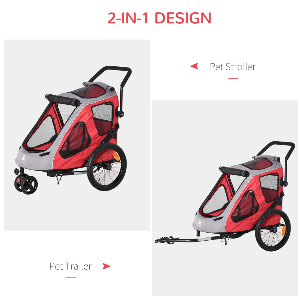 Dog Bike Trailer 2-In-1 Pet Stroller w/ Canopy & Safety Reflectors, Red, Grey & Black