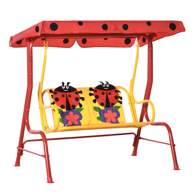 2-Seat Kids Canopy Swing, Children Outdoor Patio Lounge Chair for Garden Porch, with Adjustable Awning, Seat Belt, Ladybird Pattern, for 3-6