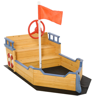Kids Sandbox Pirate Ship Play Boat w/ Bench Seats and Storage, Cedar Wood