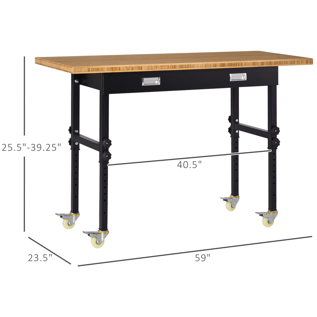 59" Work Bench, Bamboo Tabletop Workstation Tool Table, Height Adjustable Work Table with Four Lockable Casters, Organizer Drawer for Garage, Weight Capacity 1320 Lbs