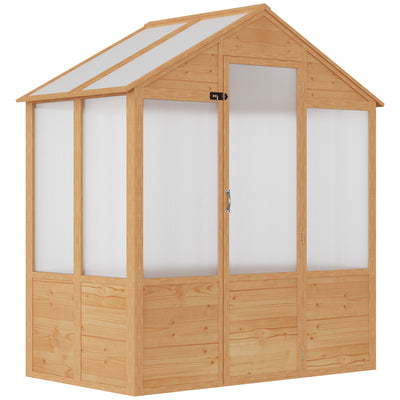 6' x 4' x 7' Wooden Greenhouse, Walk-in Green House, Outdoor Polycarbonate Greenhouse with Door, Natural