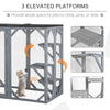 Wooden Outdoor Cat House Catio Kitten Enclosure Indoor Cage with Asphalt Roof, Multi-Level Platforms and Large Enter Door - 71"L, Grey