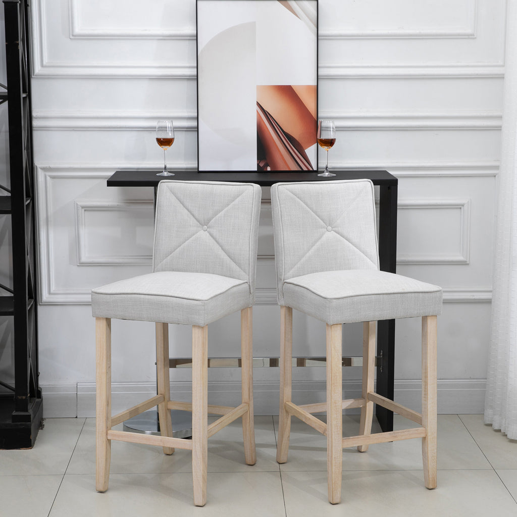 Modern Bar Stools Set of 2, Upholstered Barstools Kitchen Island Chair with Build-In Footrest, Solid Wood Legs, Beige