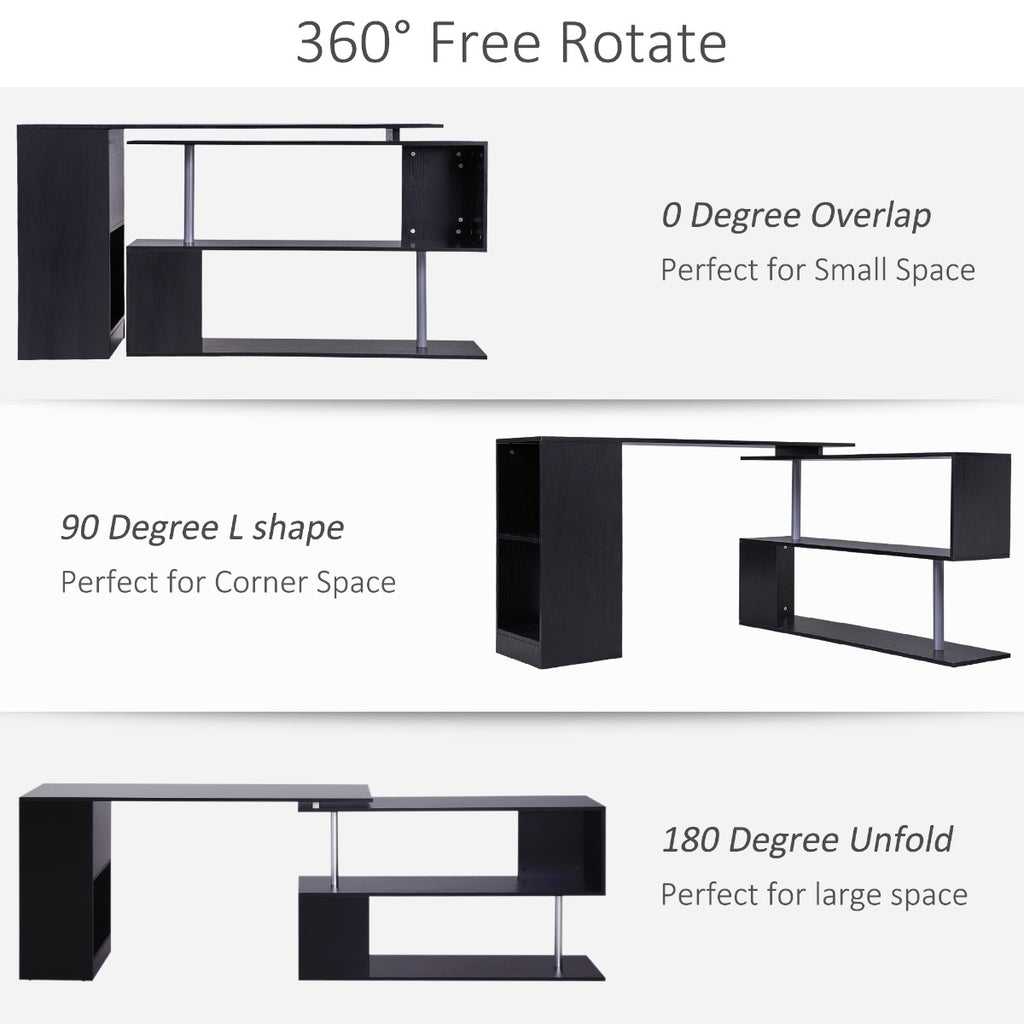 55" 360Â° Rotating Corner Computer Desk Modern L-Shaped Home Office Workstation with 3-Tier Storage Shelves, Bookshelf, Black