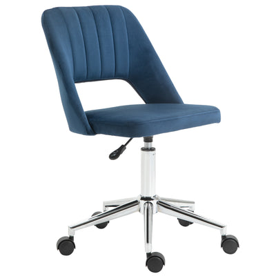 Modern Mid Back Office Chair with Velvet Fabric, Swivel Computer Armless Desk Chair with Hollow Back Design for Home Office, Blue