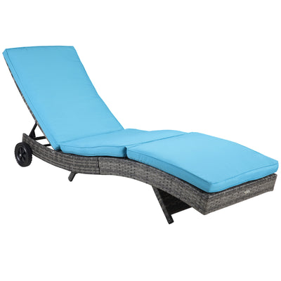 Patio Wicker Cushioned Chaise Lounge Chair, Outdoor PE Rattan Sun lounger w/ 5-Level Adjustable Backrest & Wheels for, Sky Blue
