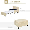 2-in-1 Ottoman Bed, Convertible Sofa Bed with Little Pocket, Ottoman Sleeper with Padded Cushion and Linen Surface, Single Bed, Beige