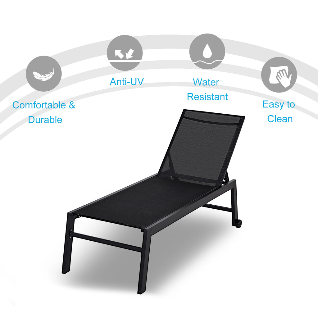 Sun Lounger Chair Reclining Chaise Lounge With Wheels & Adjustable Backrest Bed Lounger Black