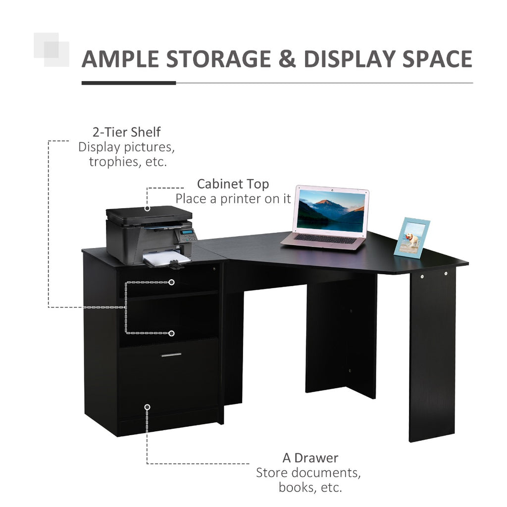 Computer Desk with Printer Cabinet, L-Shaped Corner Desk with Storage, Study PC Workstation for Home Office, Black
